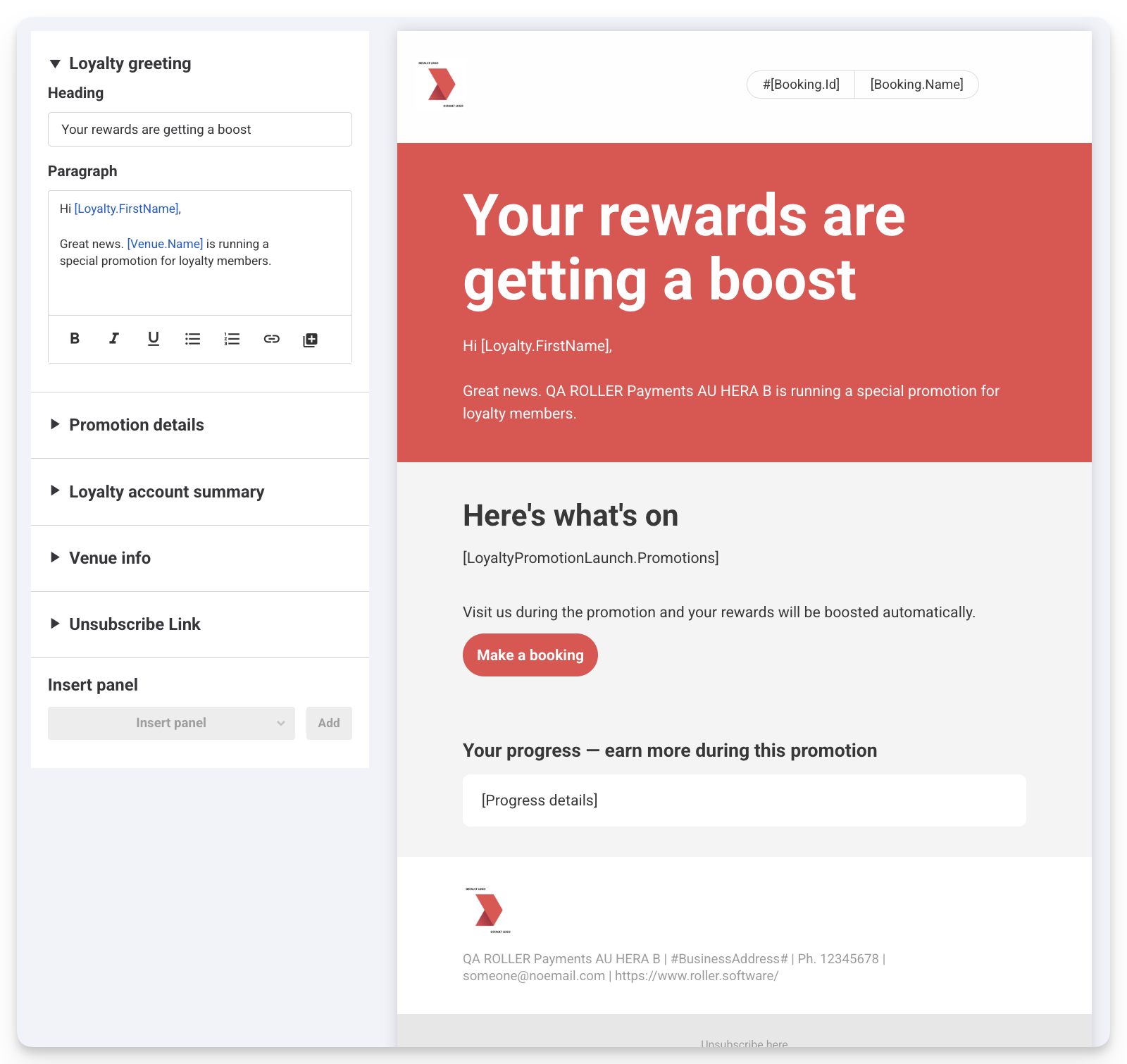 Email template promoting loyalty rewards and booking options for members.